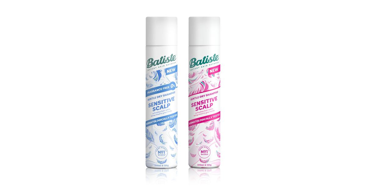 שני מוצרי שמפו יבש Batiste Sensitive לקרקפת רגישה, ללא בישום ובניחוח עדין